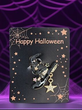 Black Witch's Hat Brooch Pin with Star Charm & Multicolored Crystals